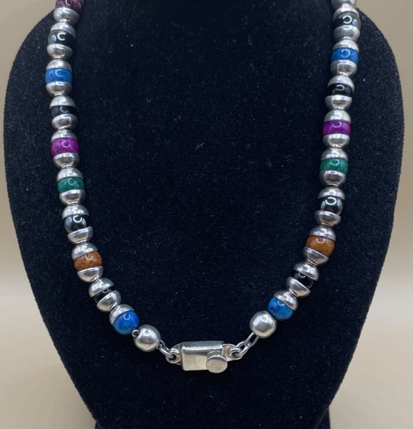 Taxco Mexico Assorted Gem Set Sterling Silver Necklace 22.5in (54.3g)