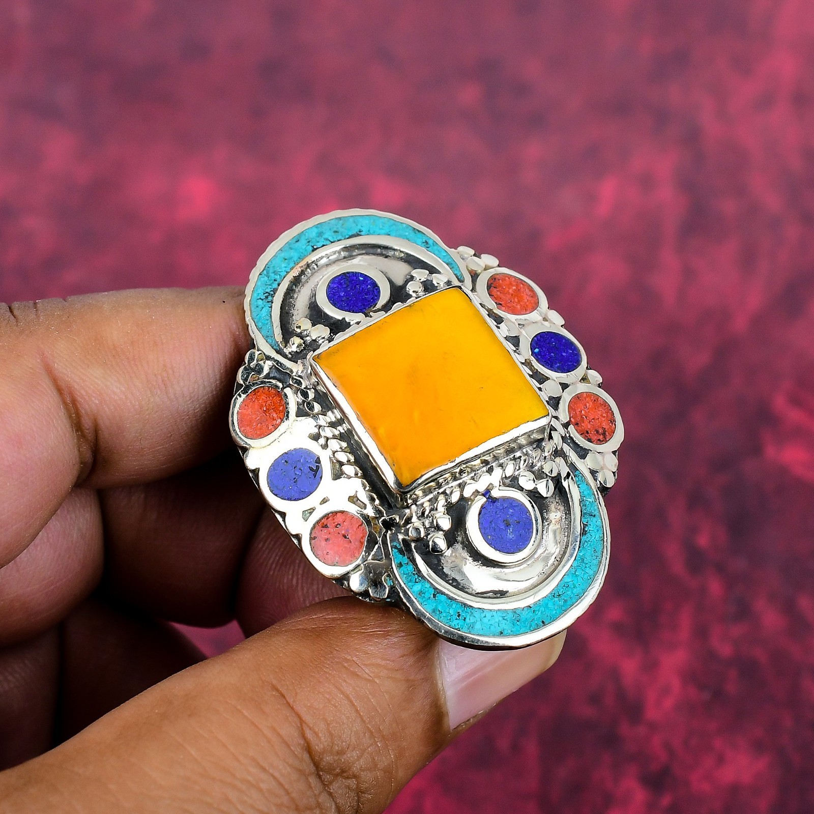 Turquoise & Coral Gemstone Handmade 925 Sterling Silver Nepali Ring Jewelry
