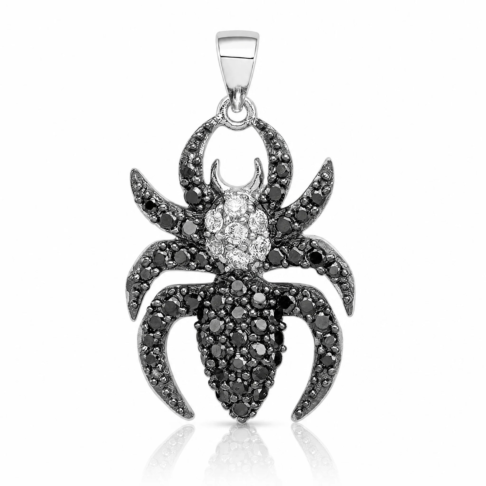 Sterling Silver Rhodium-Plated Black And White CZ Spider Pendant