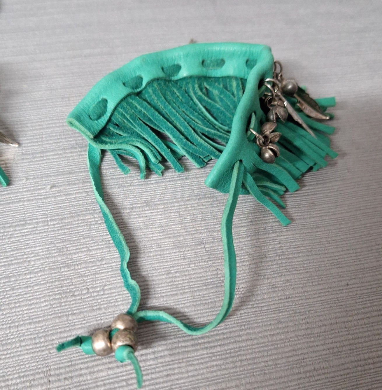 Pair of Faux Leather Bracelet Green Fringe Cuffs Bell Feather Bead Boho Festival