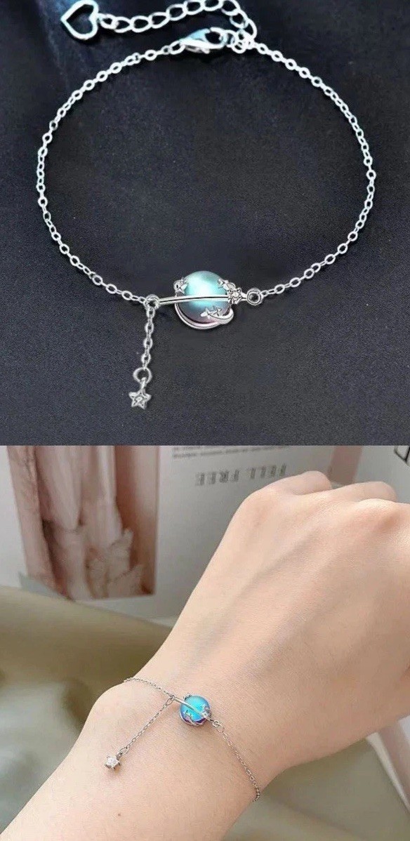 Sterling Silver Aurora Blue Moonstone Planet Star Heart Bracelet 925 New 7.5 In