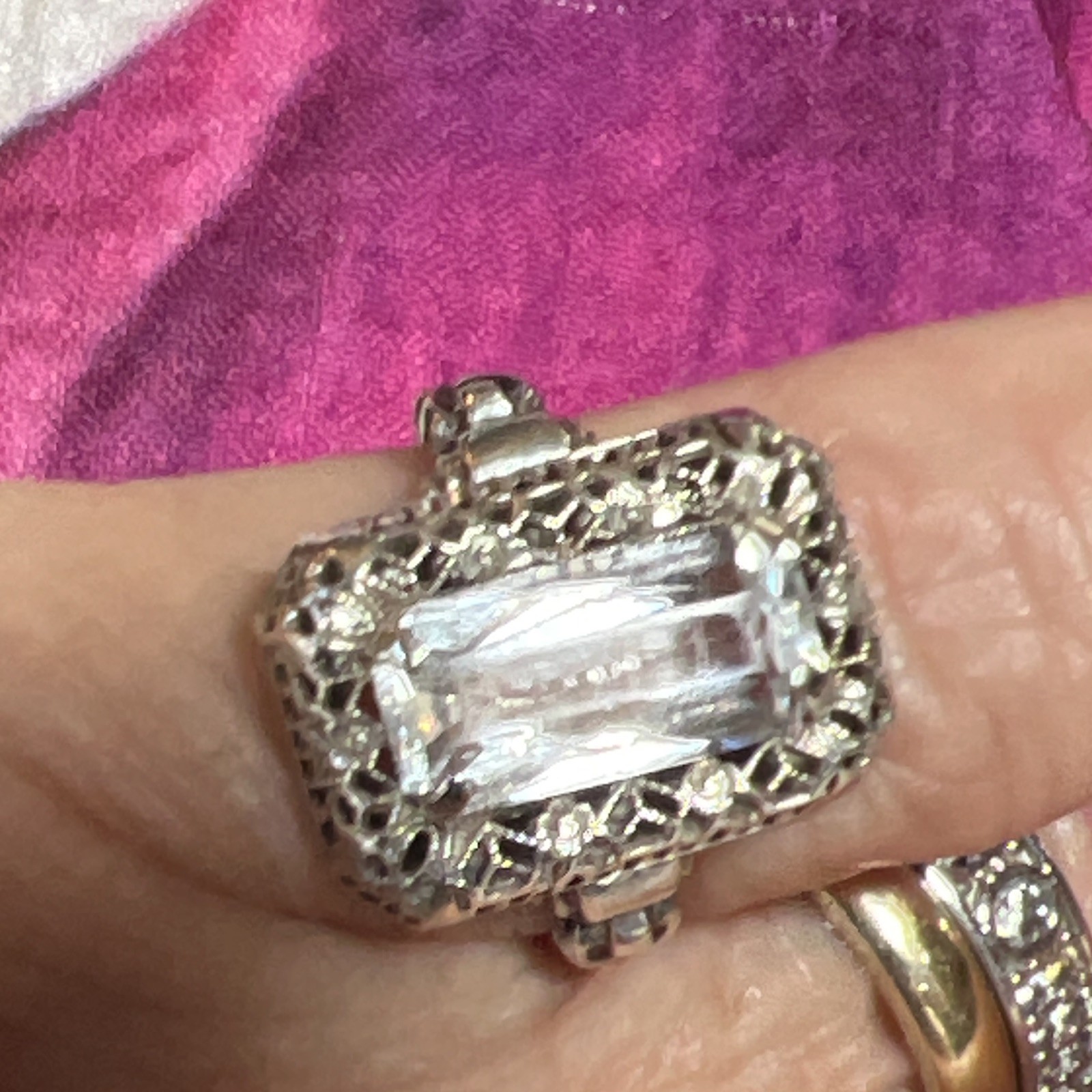 Antique Sterling Ring Clear Rectangle Stone Prong Set Size 5