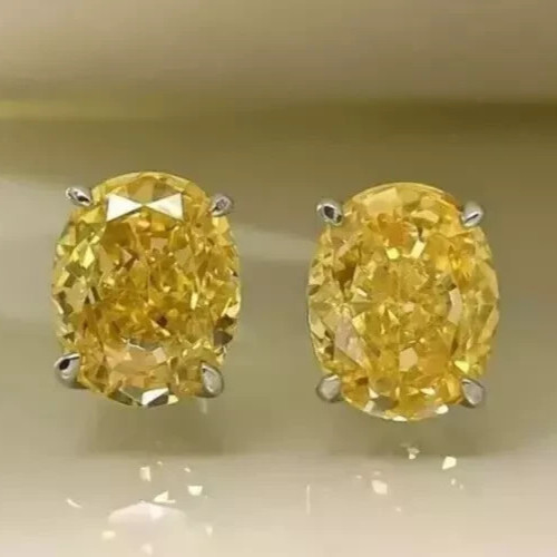 4.00 Ct Certified Oval Cut Natural Yellow Diamond Studs VVS1 White Gold Finish
