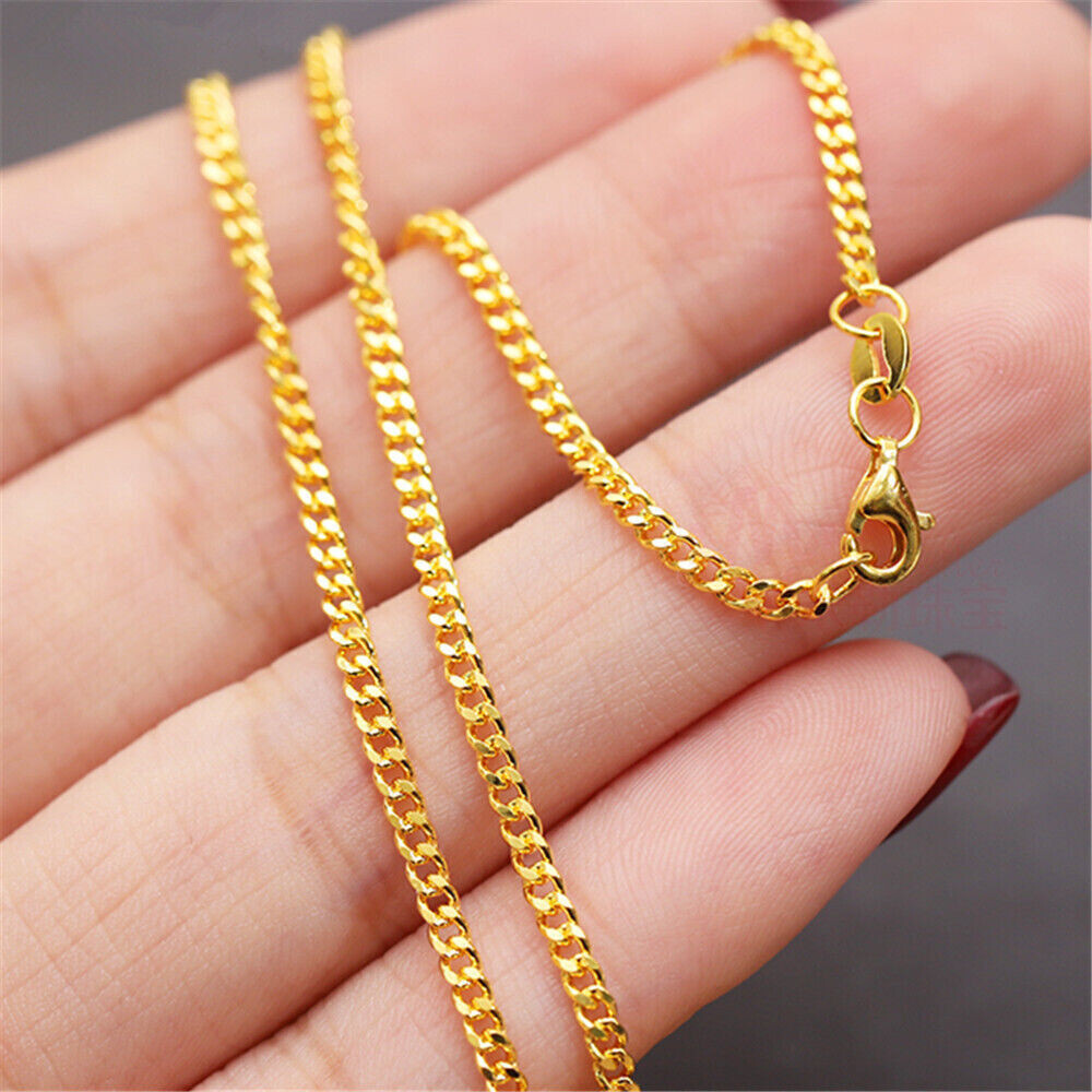 Pure Solid 999 24K Yellow Gold Chain 1.2mm/1.6mm/1.8mm/2mm Curb Link Necklace