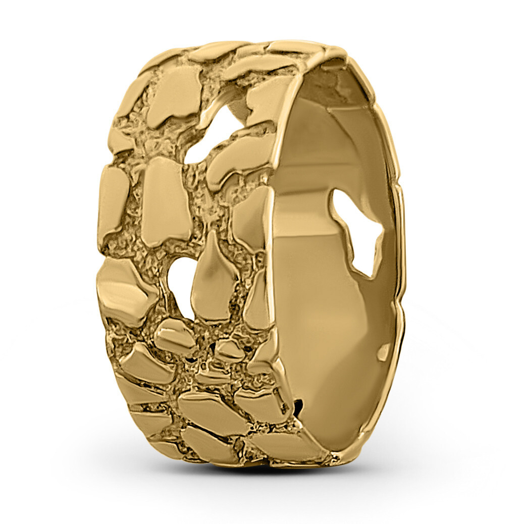 Solid 18K Yellow Gold Mens Nugget Band, 9mm Gold Nugget Ring, Size 5 – 15