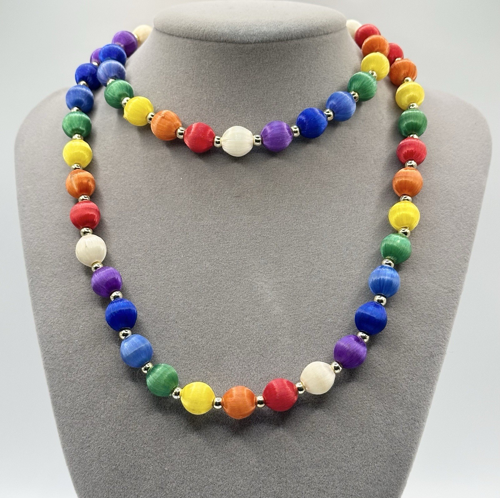 Vintage Multicolor Silk Satin Wrap Bead Necklace Continuous Strand 30”