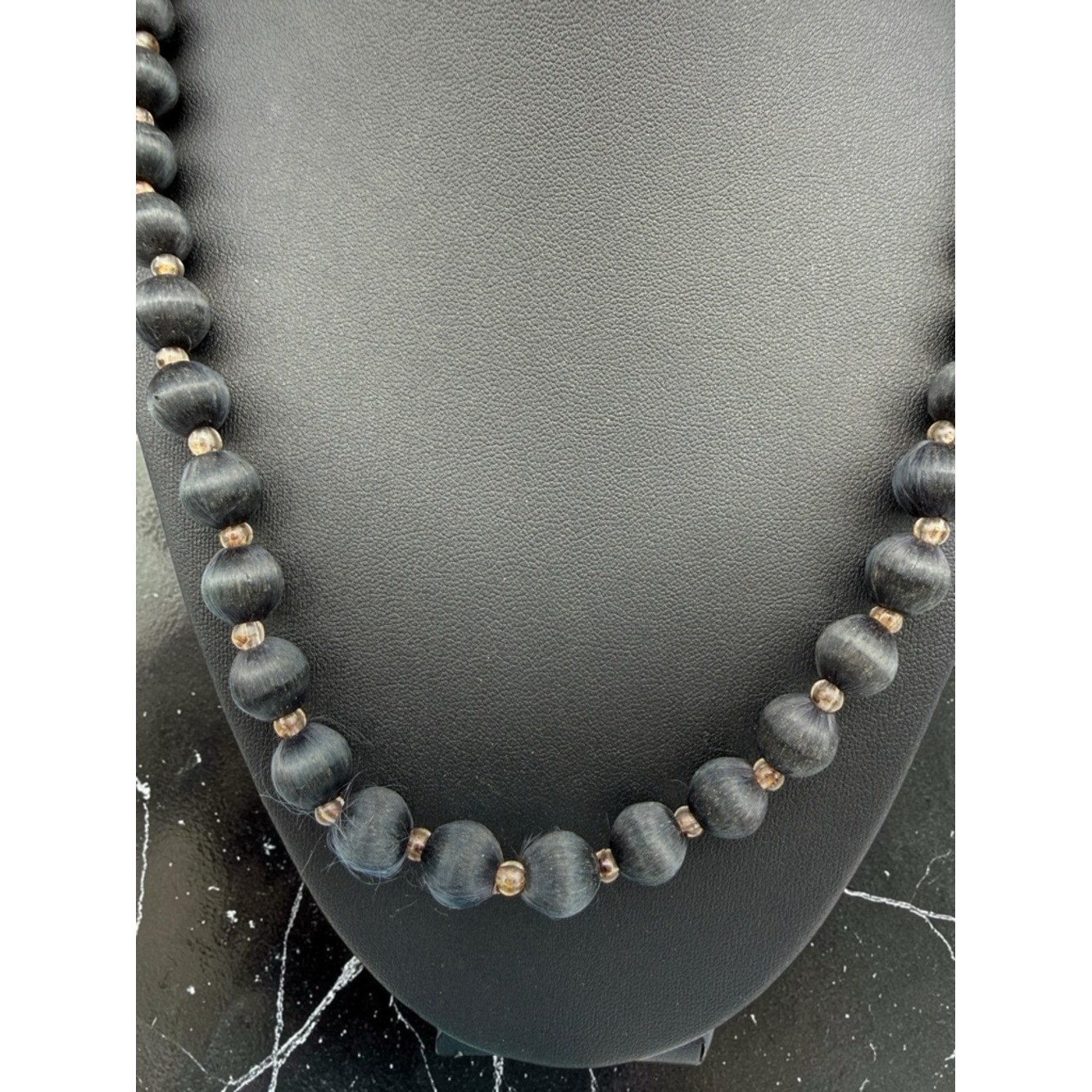 Vintage 30″ Silk Thread Wrapped Bead Necklace Midnight Navy Black Boho Statement