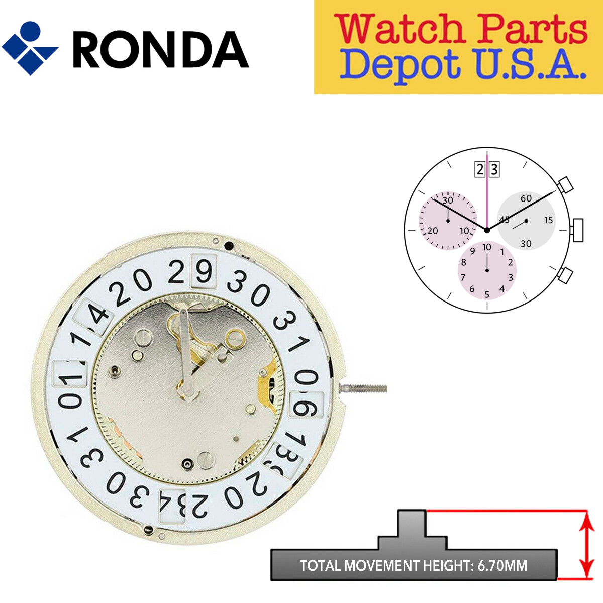 Ronda 5040.B Quartz Chronograph Movement, 3 Hand, Date at 12 Multiple Variation