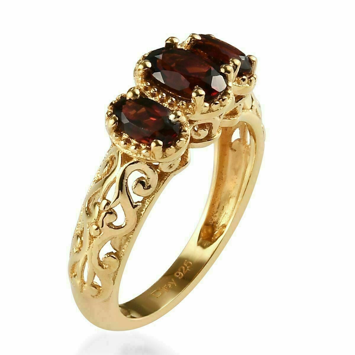 3Ct Oval Cut Three Stone Red Garnet Lab Created VintageRing 14K Yellow Gold Over