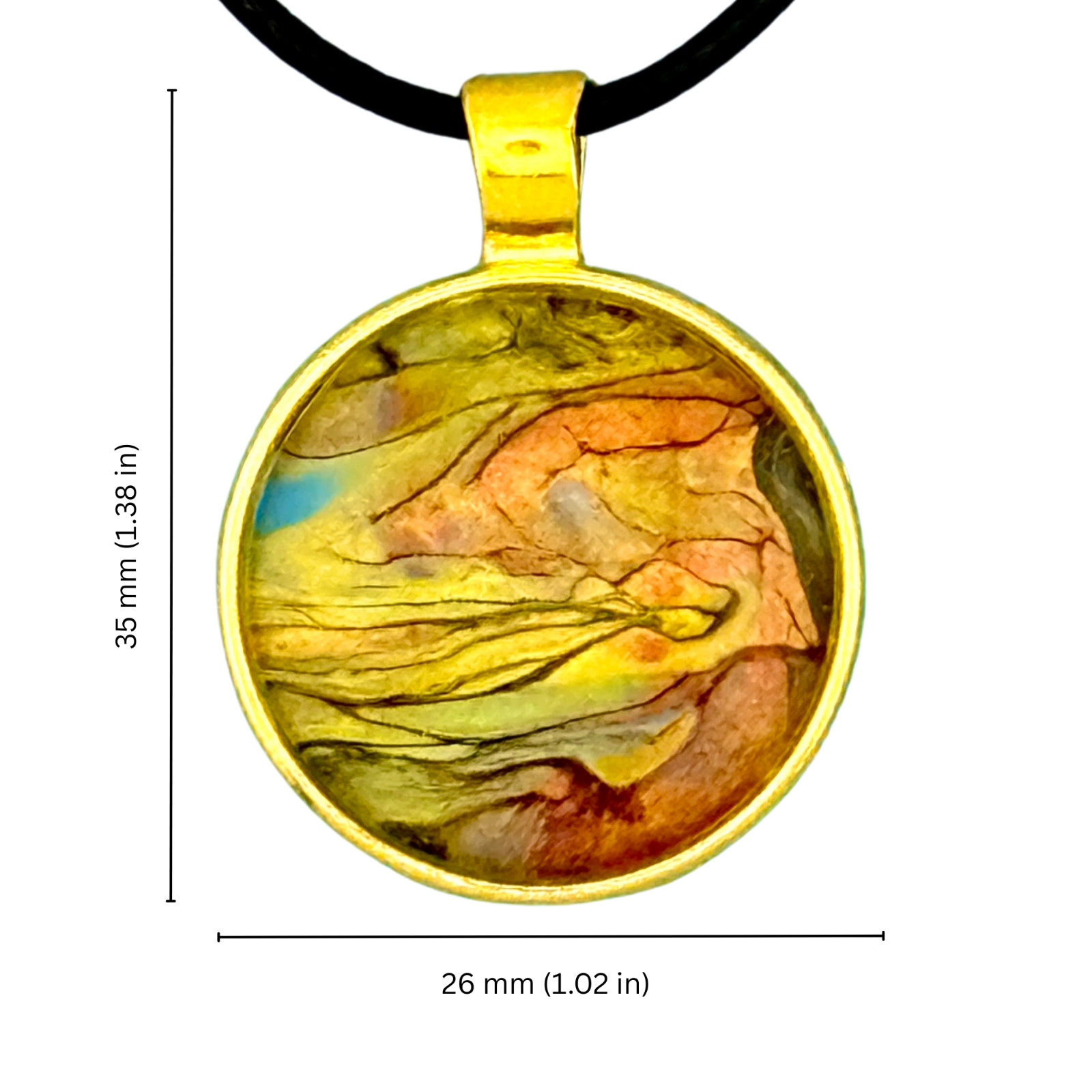 Pendant Necklace Handmade “Agate Sands” Gold Bezel 25mm Black Cord