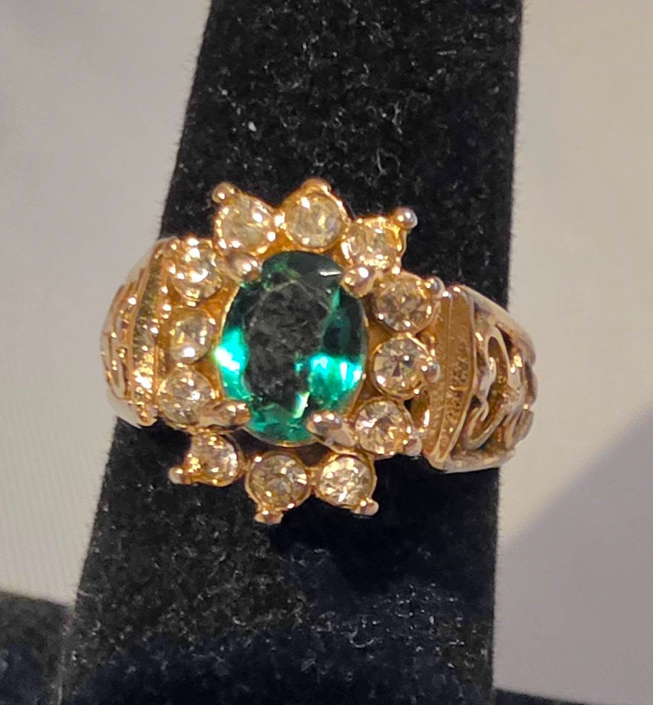 Oval Green Simulated Emerald and 12 CZ in 18K HGE Ring size 7