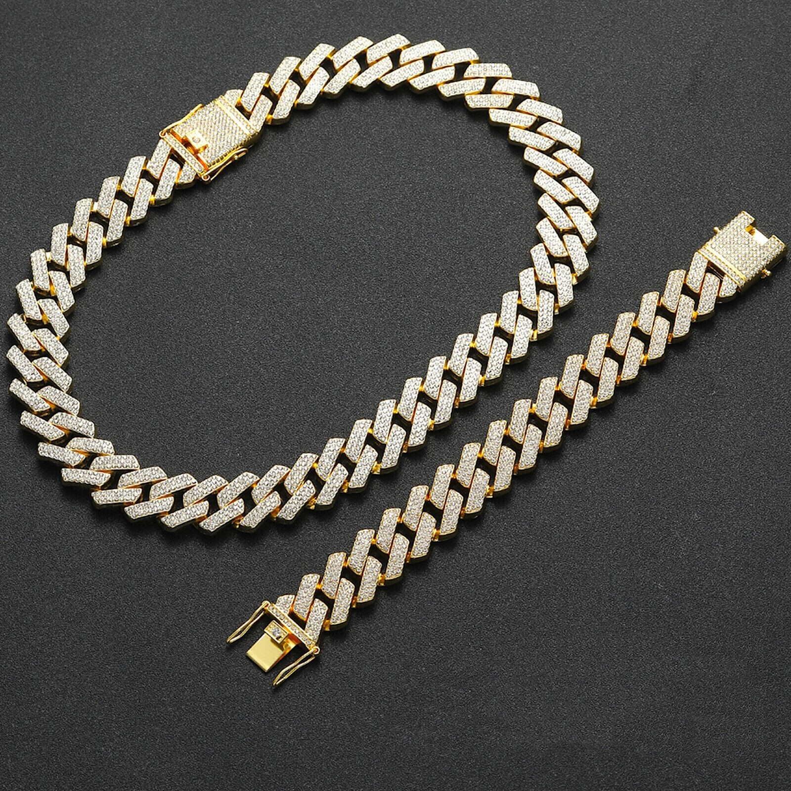 Men’s 12MM 14K Gold Plated Iced CZ Out Miami Cuban Link Bracelet Chain Set