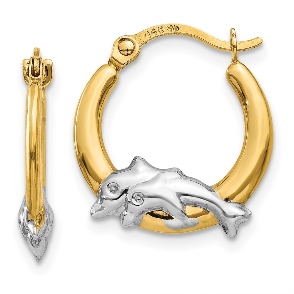 14k Two-tone Gold Dolphin Hoop Earrings 0.55g Perfect Gift for Her