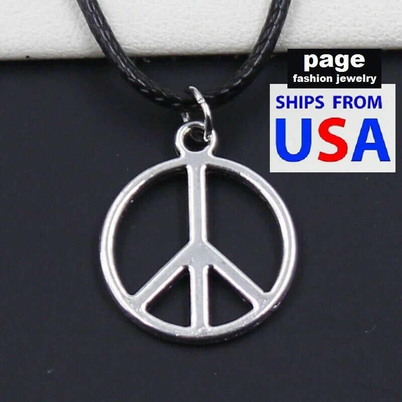 Antique Silver 1″ Peace Sign Pendant With 18″ + 2″ Black Braded Leather* Cord