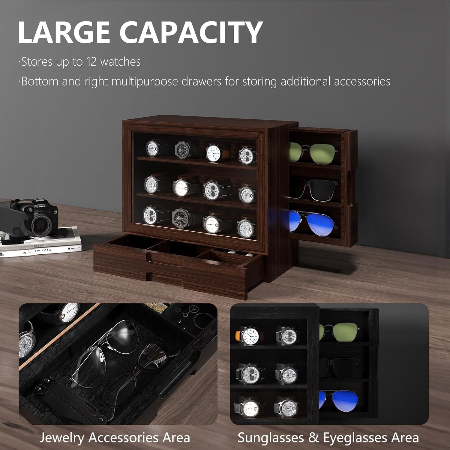 Stylish 12 Watch Jewelry Organizer with Polished Walnut Finish and Clear Window