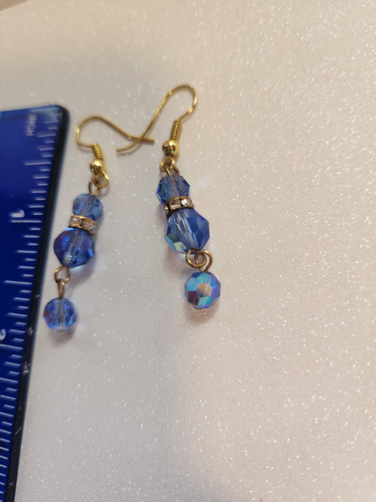 Blue Crystal Beaded Dangle Drop Earrings Lobe