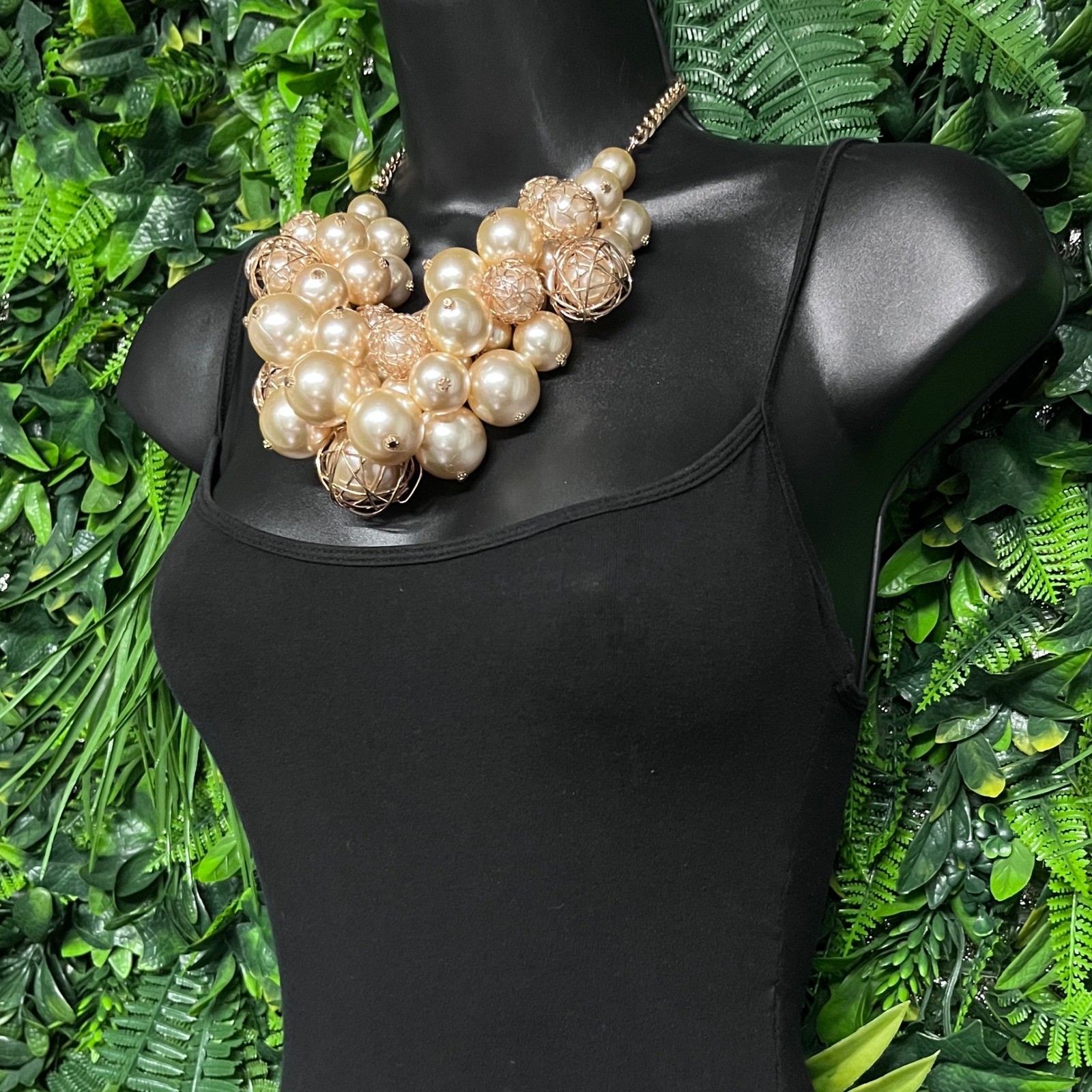 Statement Bib Necklace Gold Tone Champagne Faux Pearl Cluster Wire Cage 3979