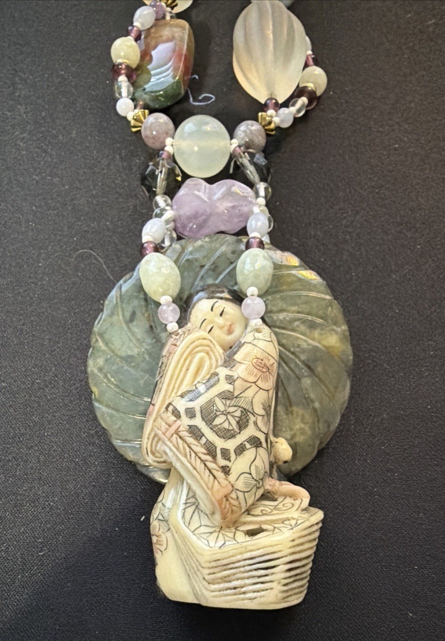 Handcrafted/Handcarved Asian Pendent Necklace W/Asian Beads & Natural Stones