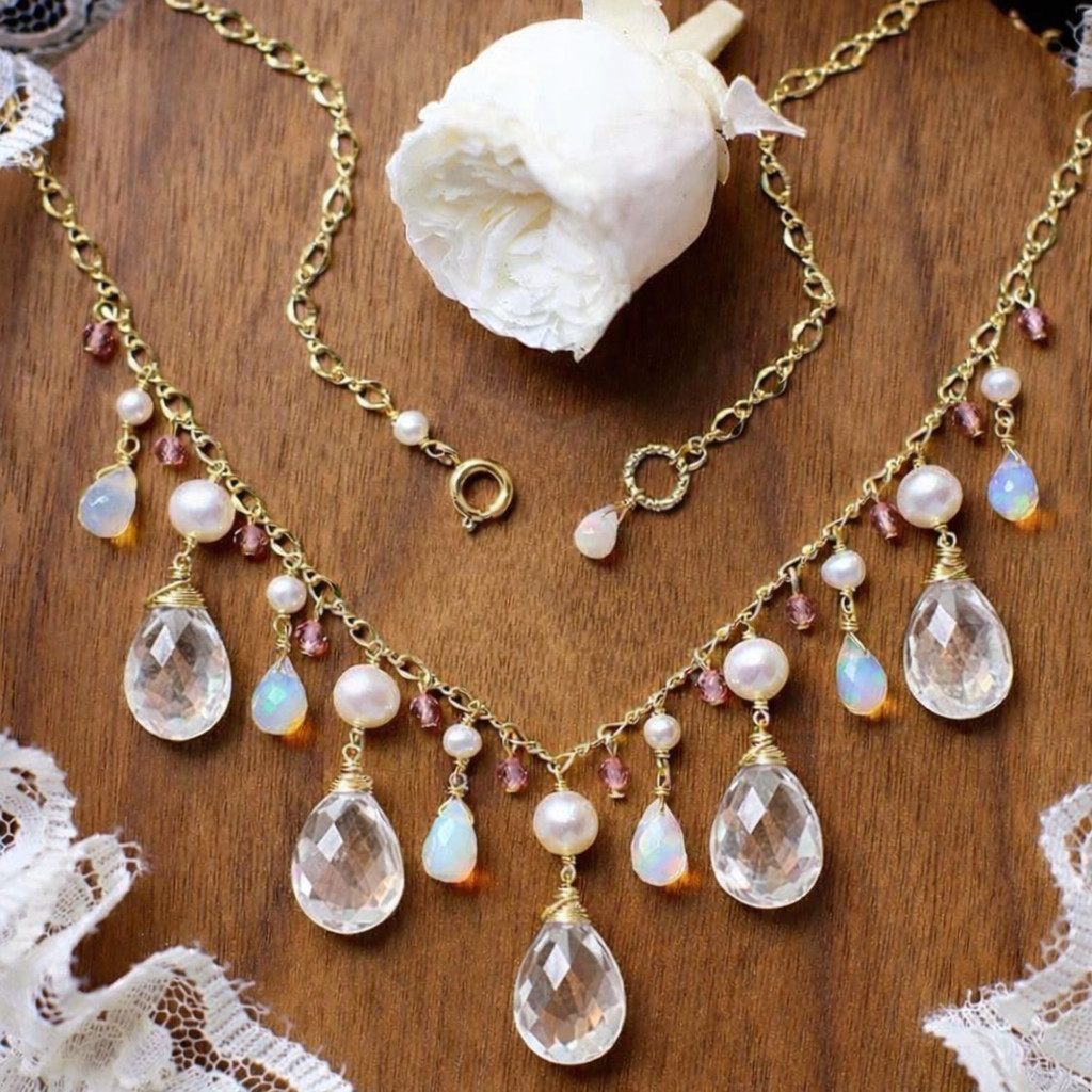 Garnet Ethiopian opals crystal quartz & Pearls 18k gold Necklace jewelry gift