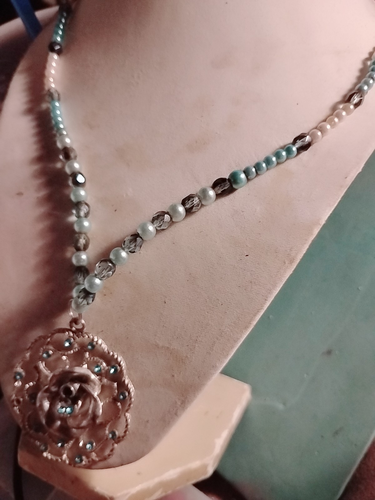 White & Blue Beaded Pearl Necklace Rose Flower Pendant Aqua Stone Silver