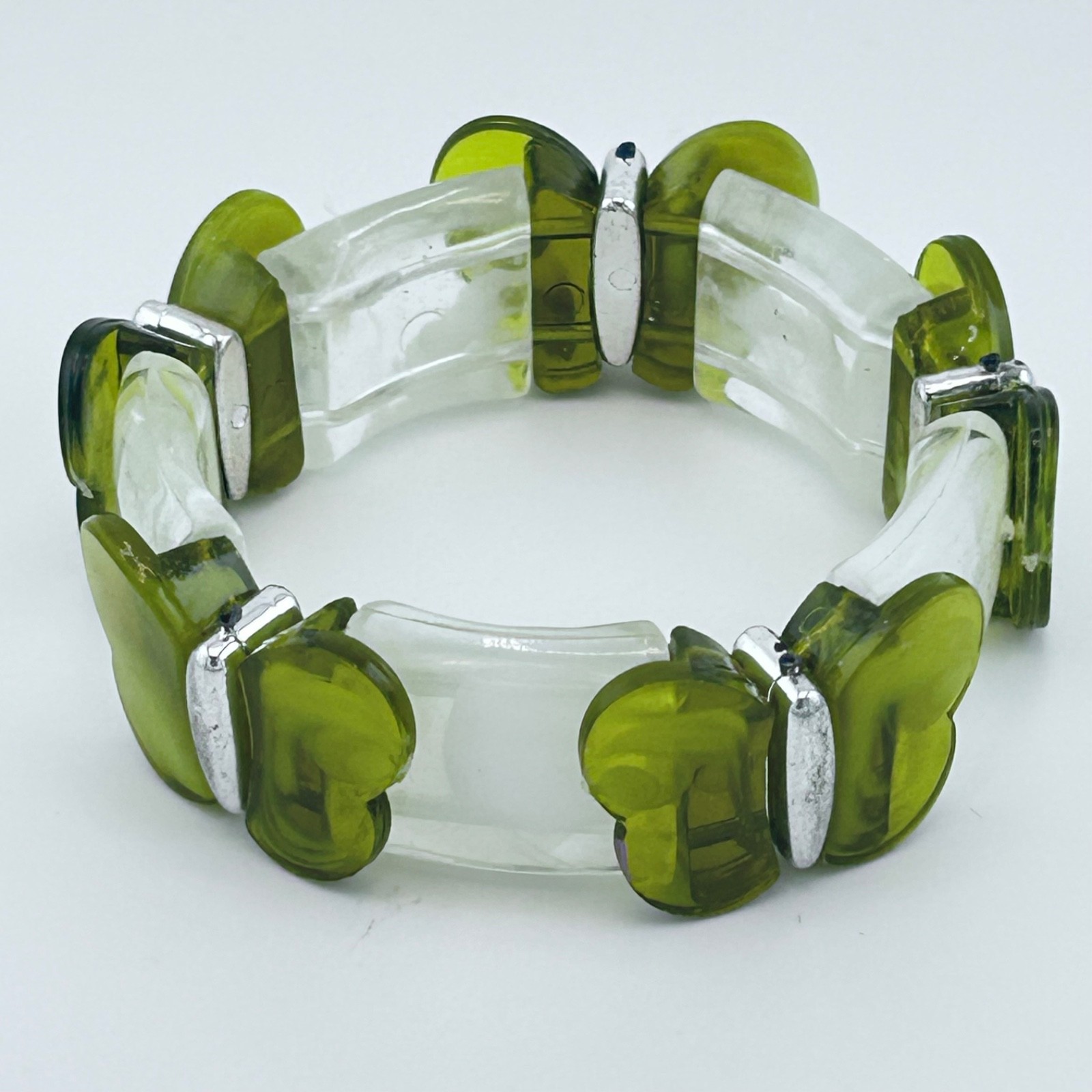 Olive Green Butterfly and Clear and white Resin Stretch Bracelet