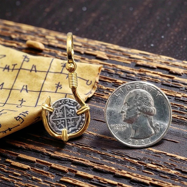 Atocha 1622 Fish Hook Silver Coin Pendant 14k Gold Overlay Certificate Design