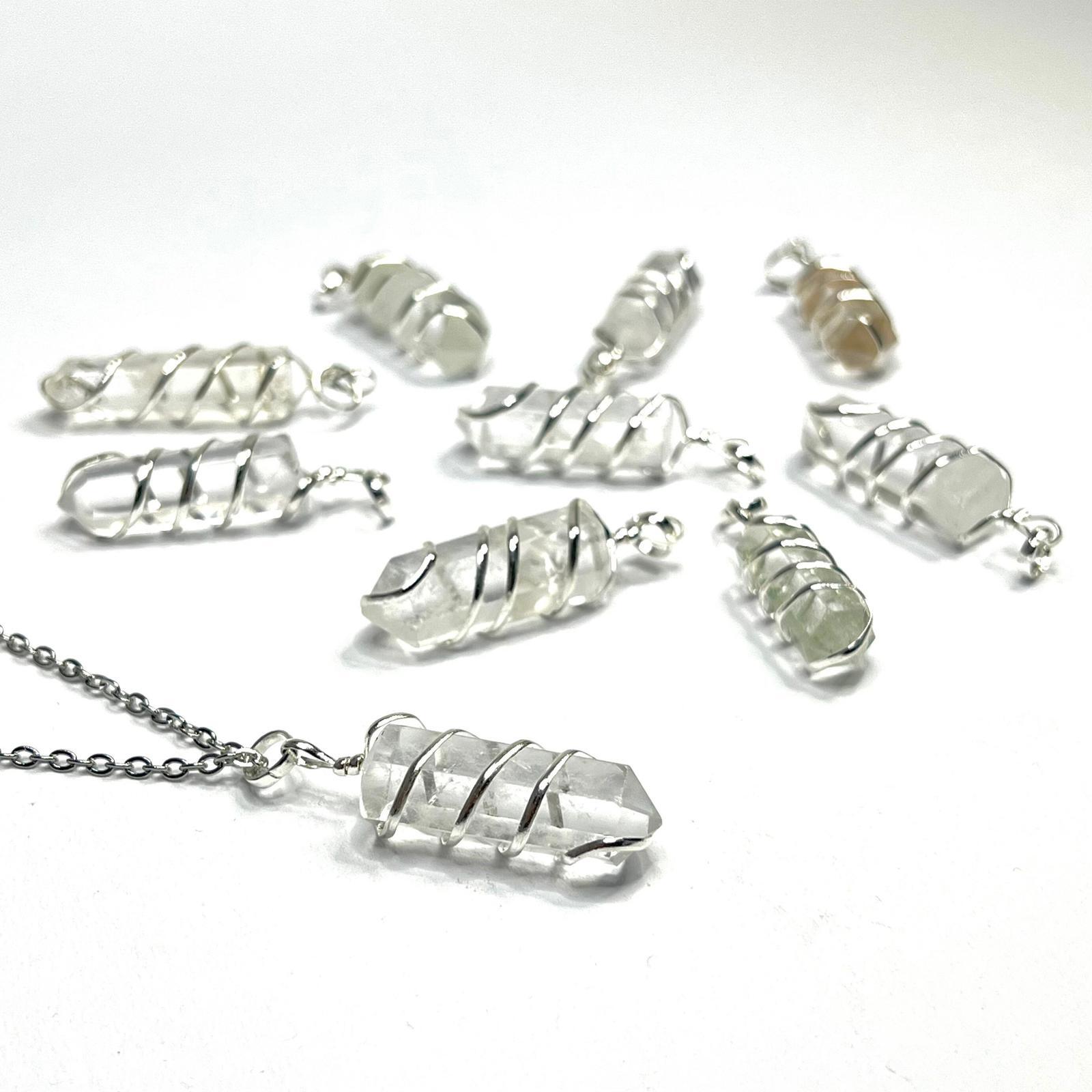 Clear Quartz Crystal Wire Wrapped Gemstone Pendant with Free Chain – CW