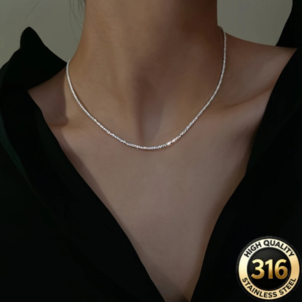 316L Stainless Steel Silver Tone Sparkling Twisted Chain Necklace, Tarnish Resis