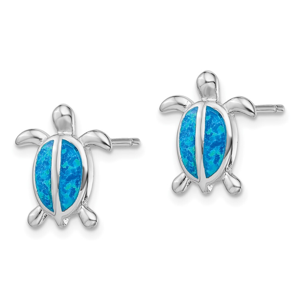 13.8mm Sterling Silver Rhodium-plated Blue Simulated Opal Turtle Post Earrings