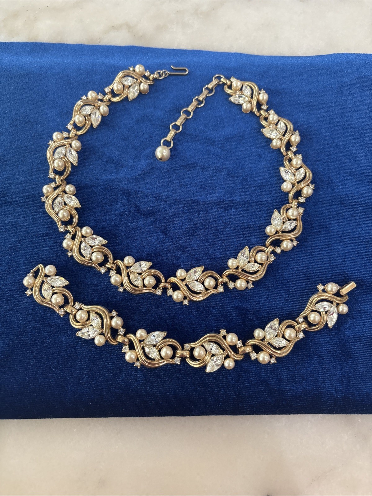 Vintage Midcentury Jewelry Set Signed Trifari. Goldtone, Faux Pearl & Rhinestone