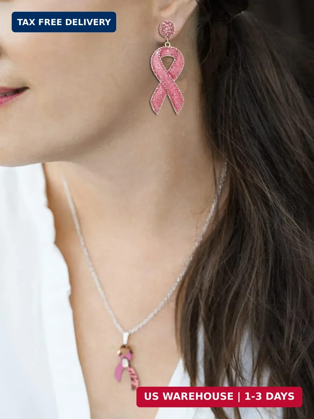 Glitter Rhinestone Pink Ribbon Drop Earrings Beaded Breast Cancer Awareness Earr