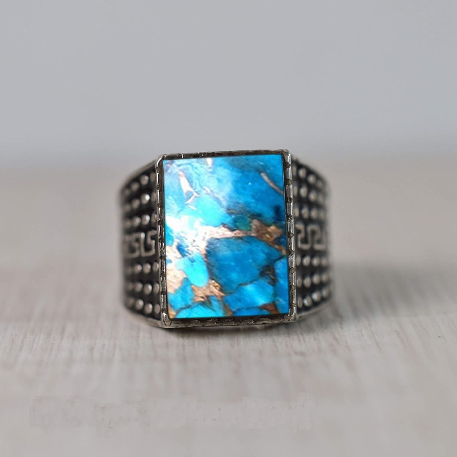 Solid 925 Sterling Silver AA Natural Copper Turquoise Gemstone Men’s Unisex Ring