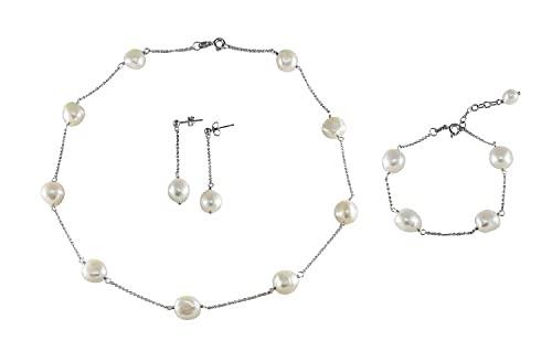 9.5-10mm Tin Cup White Freshwater Pearl Necklace Bracelet Earrings Set