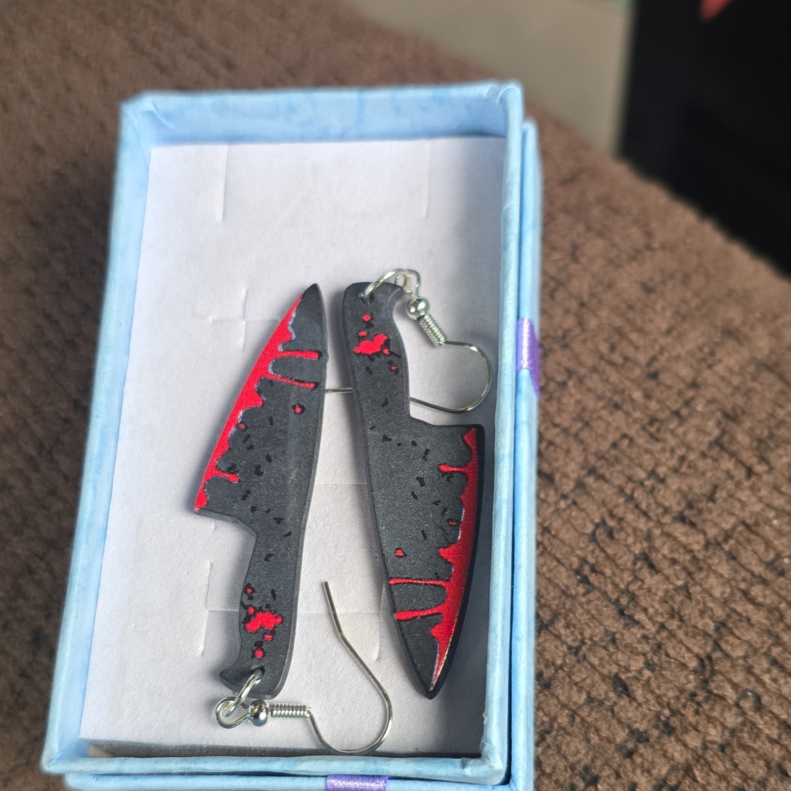 Knife Dangle/Drop Earrings Black & Red Metal Hook Goth Theme No Stone