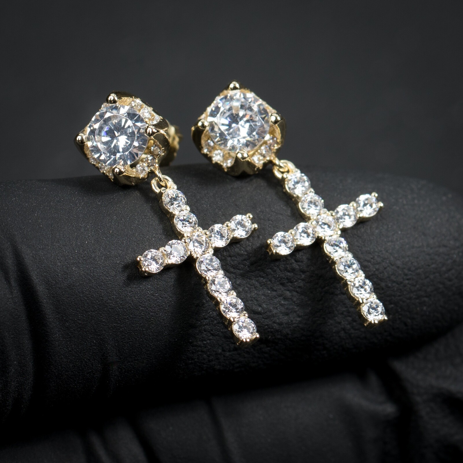 Iced Men Gold Plated Sterling Silver Round Stud Cross Dangle Drop Hoop Earrings