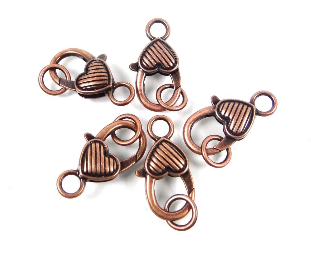 27x13mm Large Antique Copper Pewter Striped Heart Lobster Claw Clasps (4)