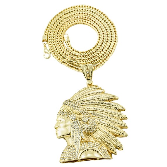 14k Gold Plated Big Apache Indian Chief Simulated CZ Pendant Franco Chain 36″