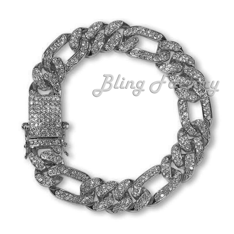 Hip Hop Silver PT Iced 8.5″, 18″, 20″, 24″ Figaro Choker Chain Bracelet Necklace