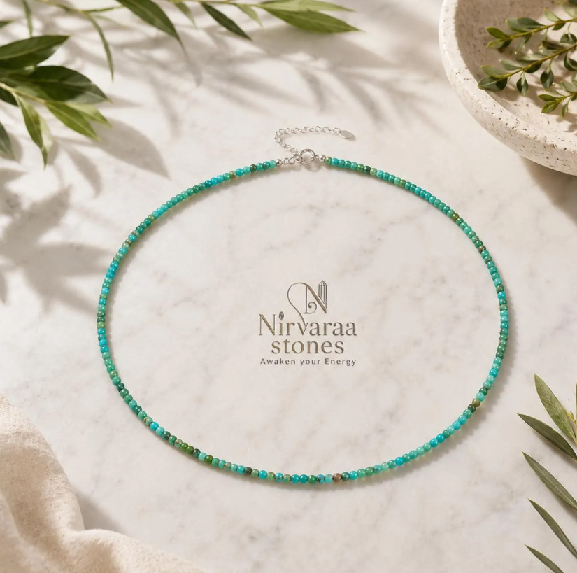 Handmade Real Turquoise 2mm Round Beaded Healing Summer Boho Necklace Choker Gif