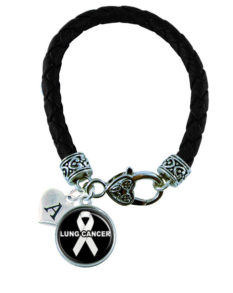 Custom Lung Cancer Awareness Ribbon Black Leather Bracelet Jewelry Initial