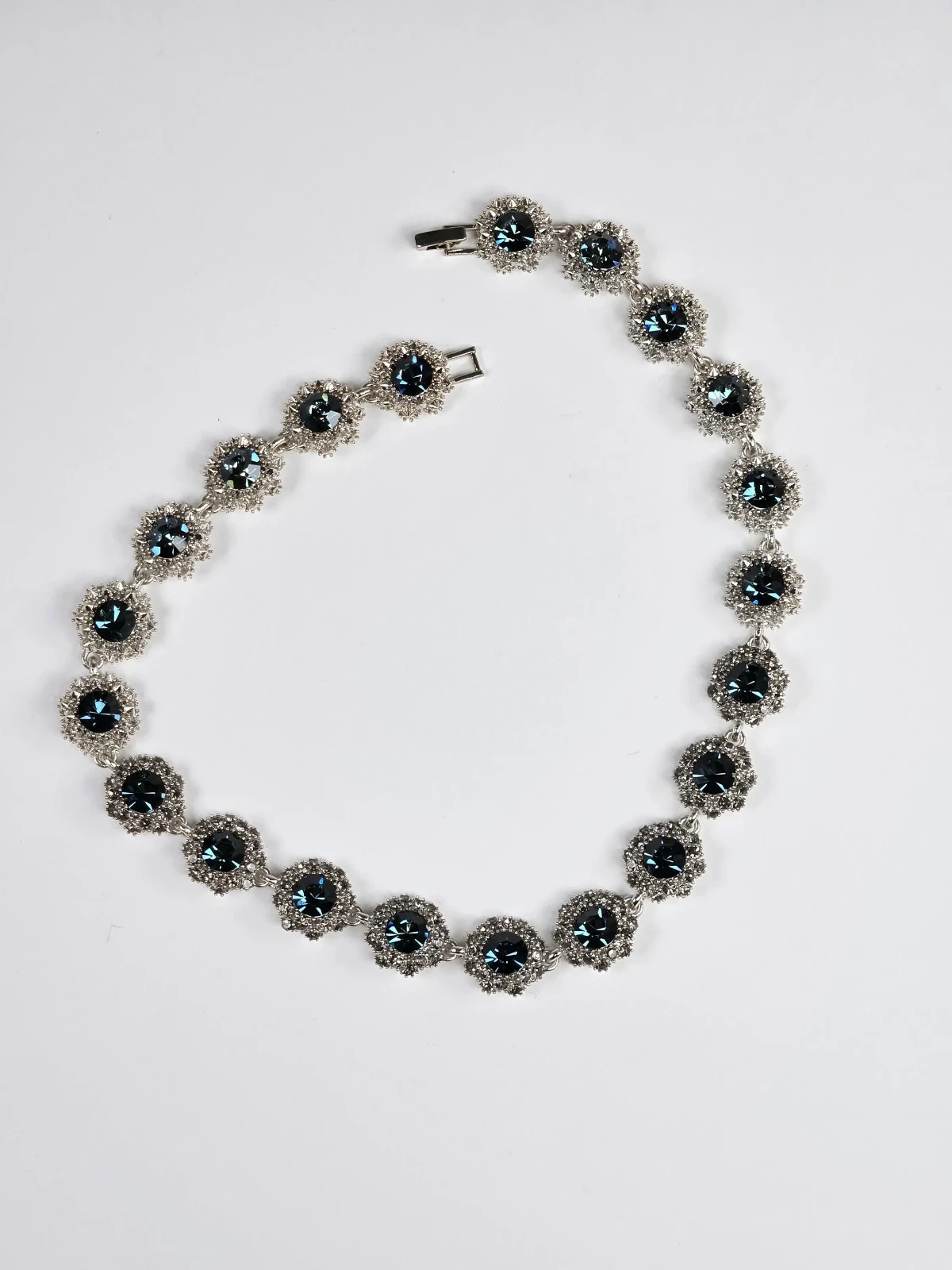 Blue Rhinestone Necklace Victorian Style 16 In Statement Special Occasion Silver