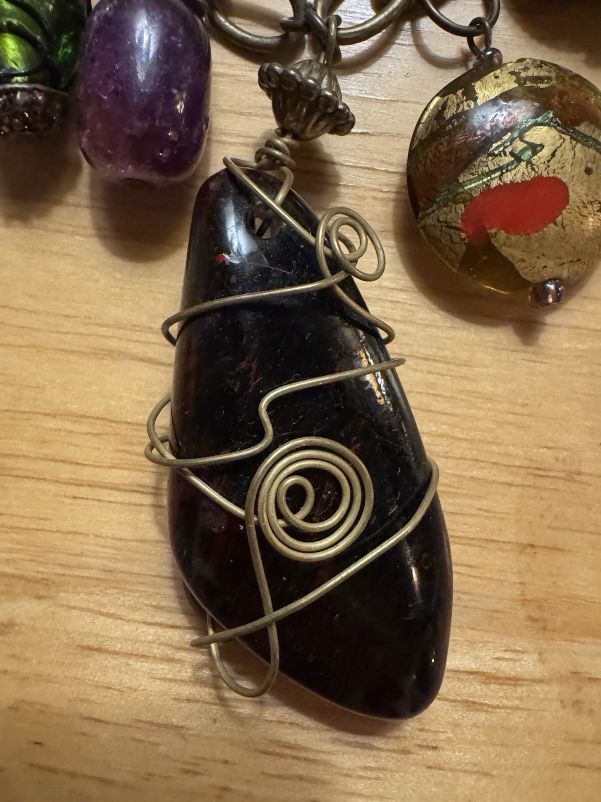 Vintage Treska Art Glass and Metal Necklace with Bronze Tone Chain