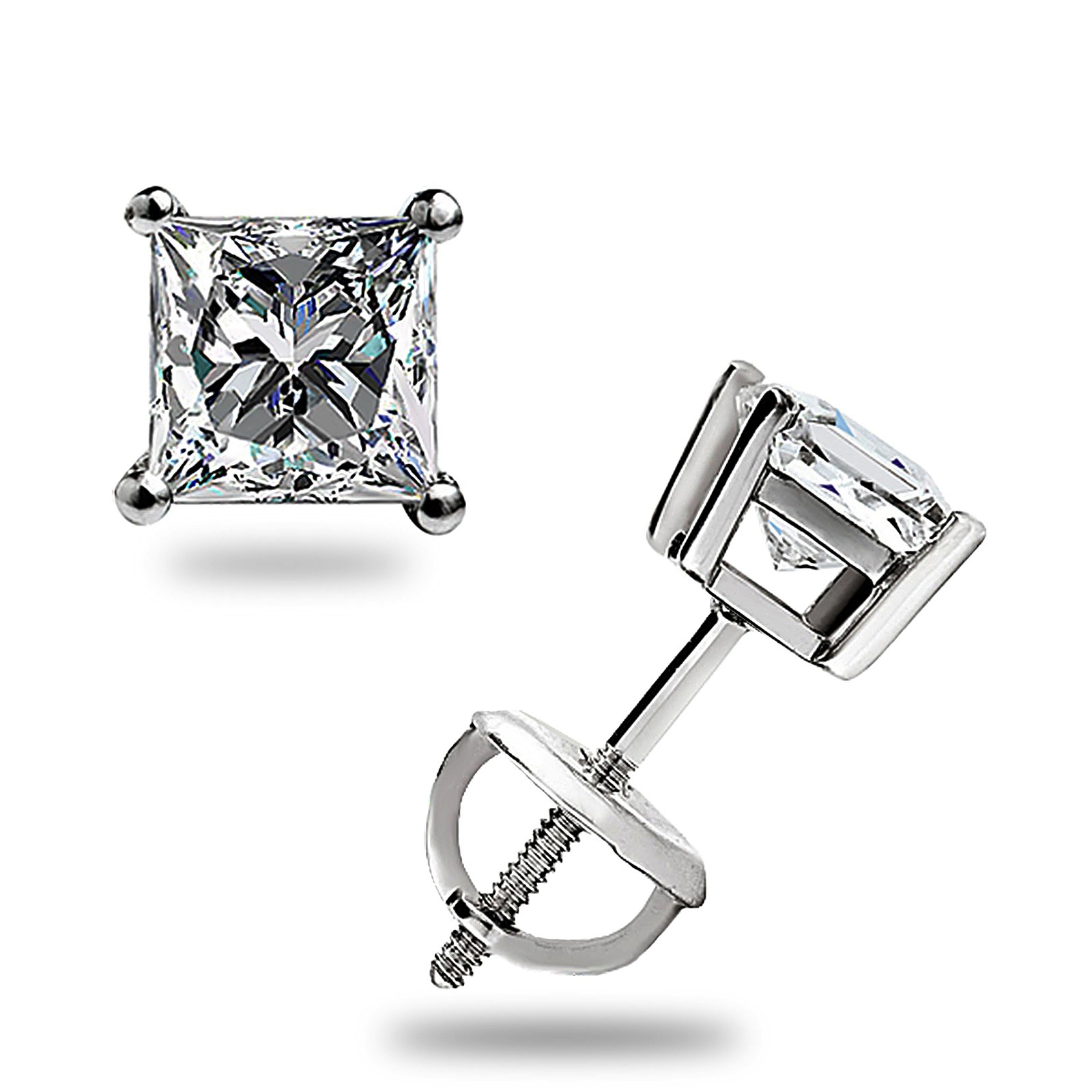 1.05 Ct Princess cut MOISSANITE Studs Earrings Solid 14k White Gold Screwbk Gift