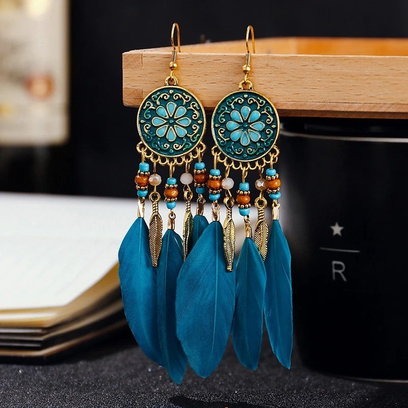 Boho Long Feather Dangle Women’s Earrings Beach Long Tassel Beads Flower Enamel