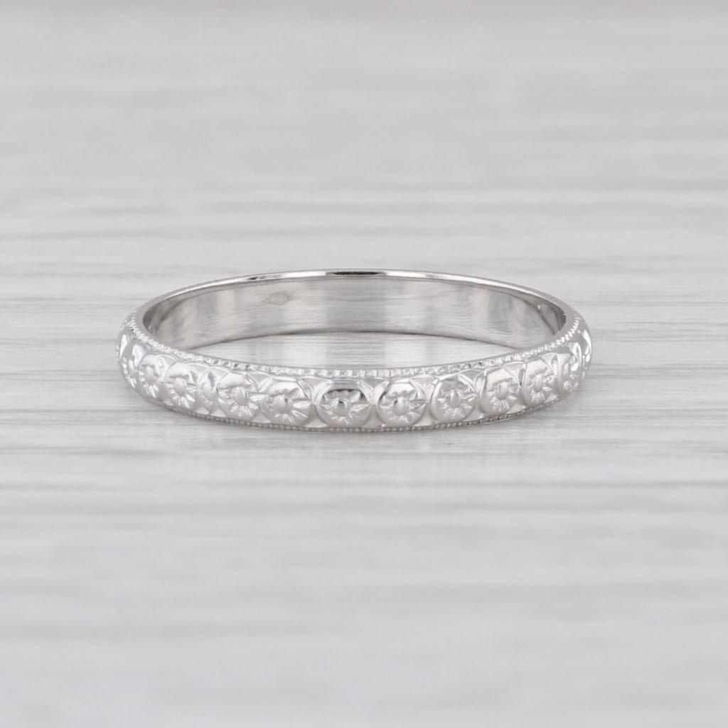 Art Deco Die Struck Floral Pattern Ring 18k White Gold Sz 5.5-5.75 Wedding Band