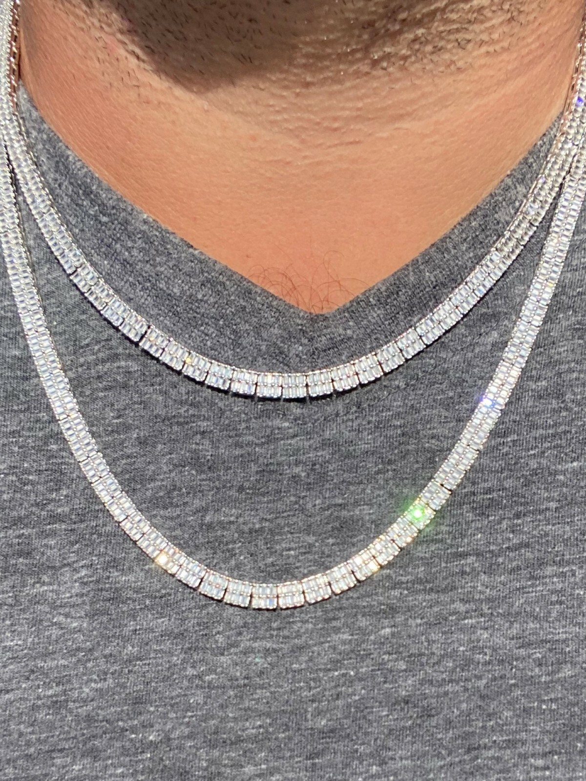 SOLID 925 Sterling Silver Baguette Tennis Chain ICED CZ Necklace 5mm Hip Hop