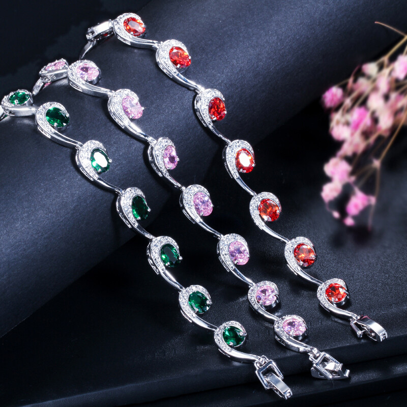 Silver Plated Multicolor Cubic Zircon Oval Charms Bracelet Fine Jewelry for Lady
