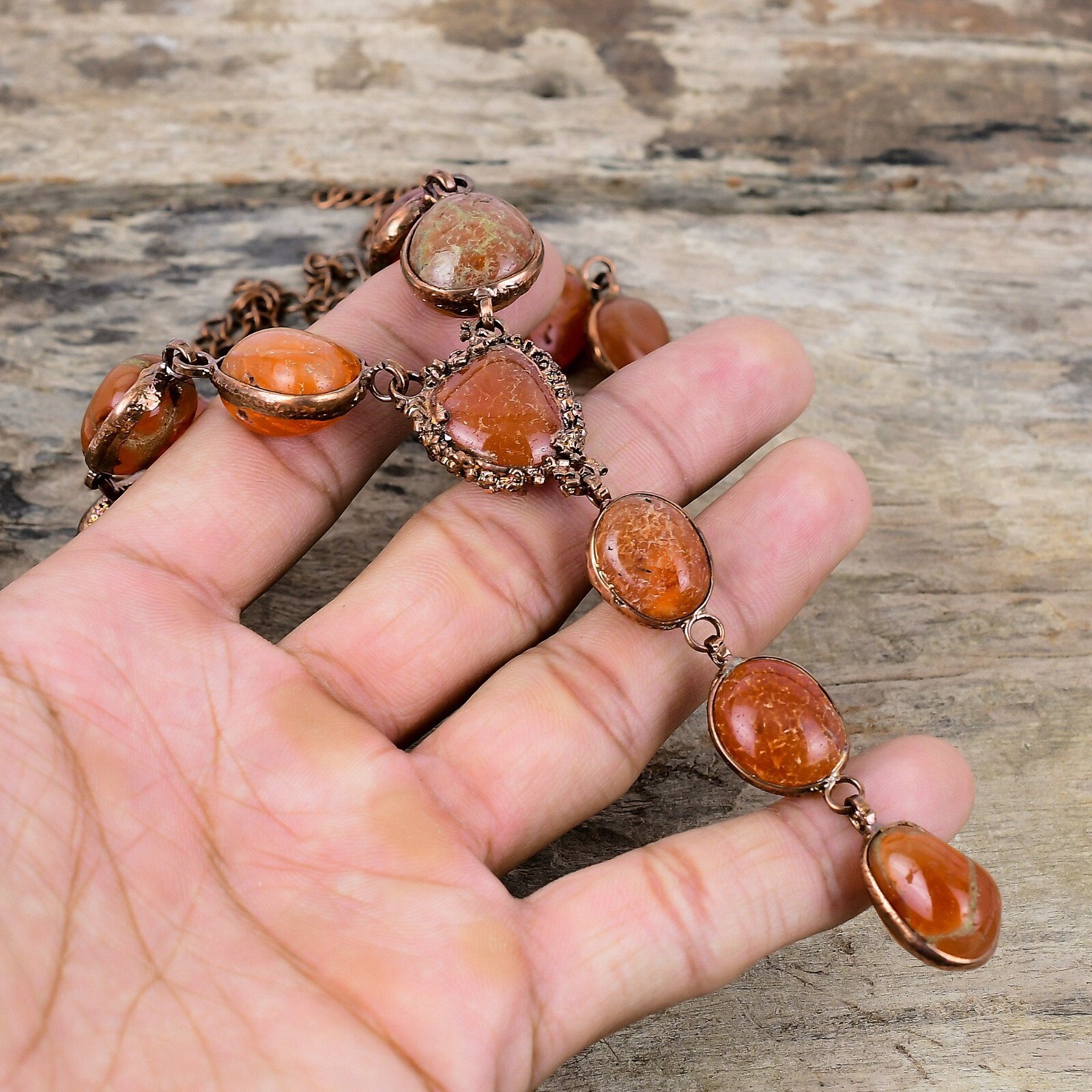 Carnelian Electroformed Chain Adjustable Necklace Handcrafted Copper Gift 18.0″