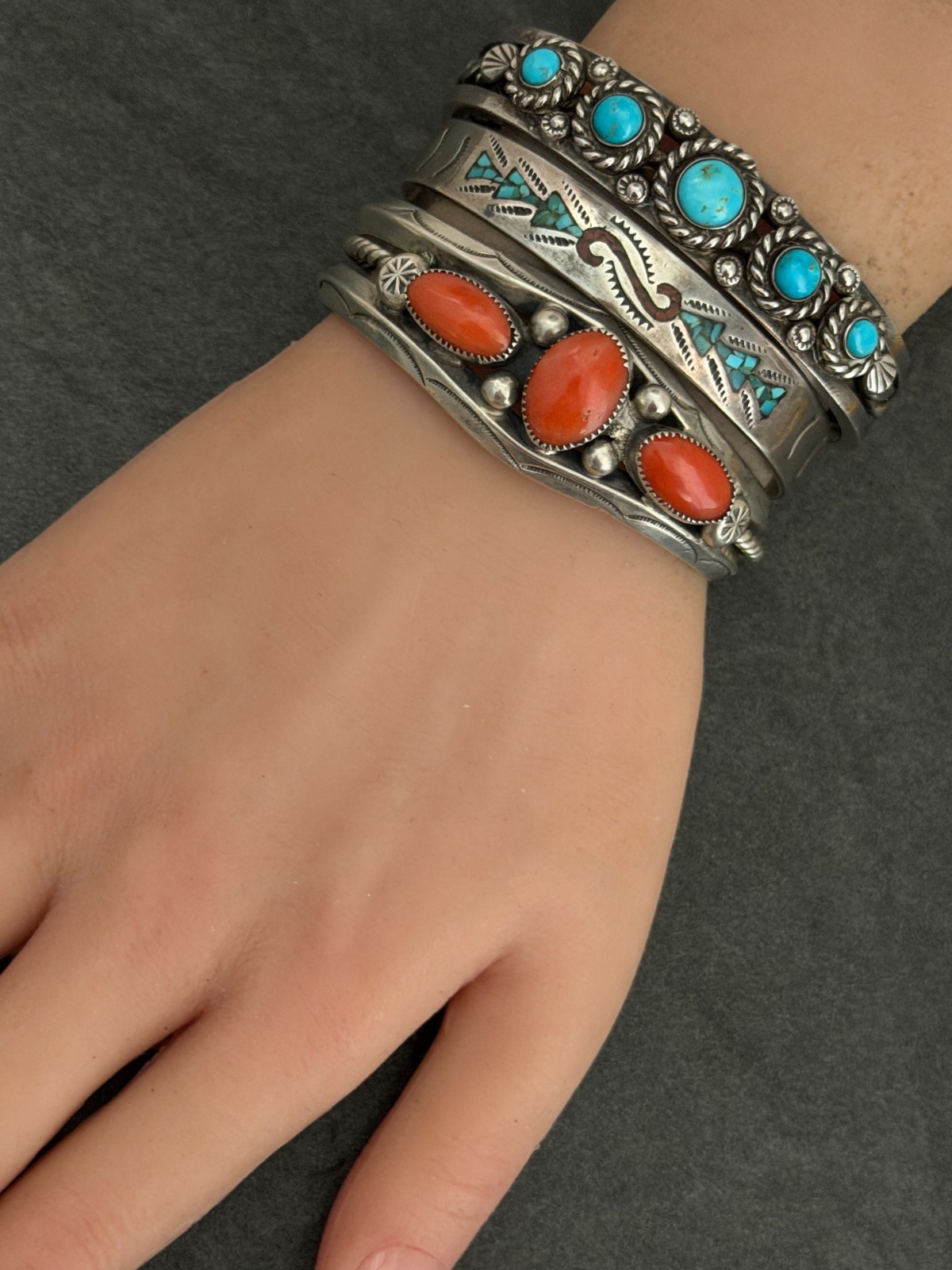 Vintage Native American Navajo Coral carinated Twisted Sterling Bracelet 6.5 in