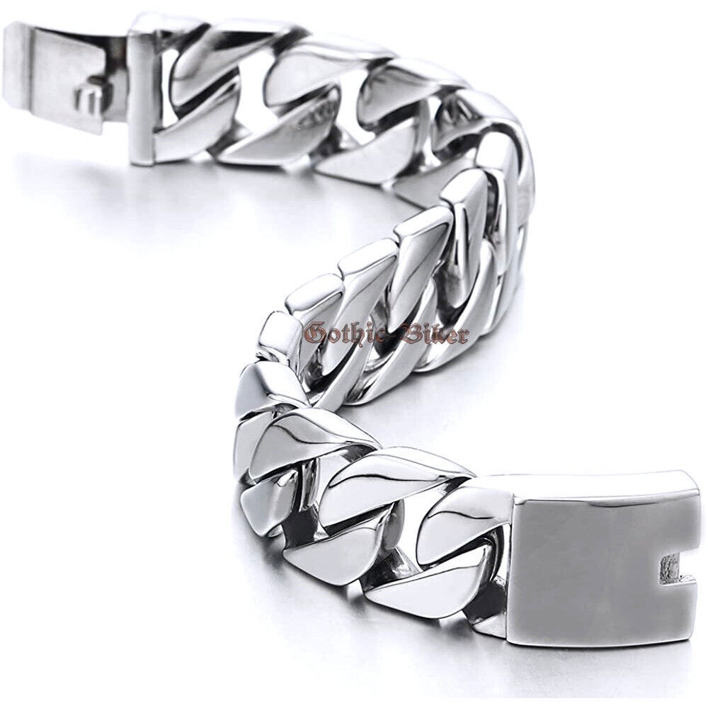 Heavy Mens Silver Curb Cuban Link Bracelet Stainless Steel Chain 20mm Polish